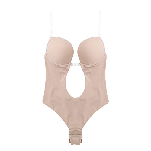 Agoky Body para Mujer sin Escote en V Profundo sin Tirantes Sin Espalda Sujetador Push Up con Aros Correas Transparentes Ajustables Tanga Corsés Body Boda Fiesta Caqui Khaki 36C,36D,38B