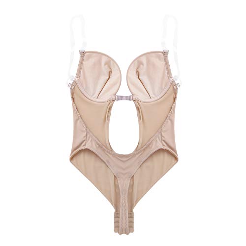 Agoky Body para Mujer sin Escote en V Profundo sin Tirantes Sin Espalda Sujetador Push Up con Aros Correas Transparentes Ajustables Tanga Corsés Body Boda Fiesta Caqui Khaki 36C,36D,38B