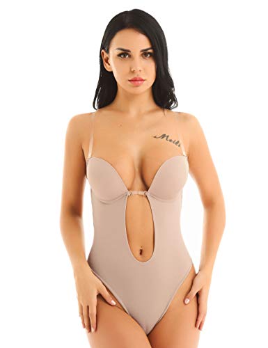 Agoky Body para Mujer sin Escote en V Profundo sin Tirantes Sin Espalda Sujetador Push Up con Aros Correas Transparentes Ajustables Tanga Corsés Body Boda Fiesta Caqui Khaki 36C,36D,38B