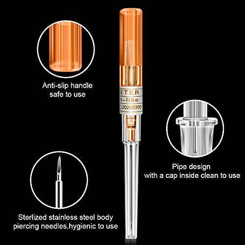 Agujas de perforación de nariz y oreja - SOTICA 5PCS Agujas de perforación de calibre 14G IV Agujas de catéter para perforación Herramienta de perforaciones de tatuaje corporal esterilizada (14G)