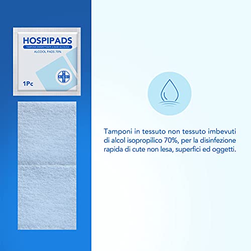 AIESI® Toallitas desinfectantes a base de alcohol isopropílico al 70% dimensiones 65x30 mm empaquetado individualmente (Paquete de 200 piezas) HOSPIPADS