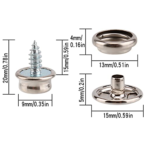 AIEX Kit de broches de lona de 150 piezas, acero inoxidable Tornillo de fijación Snaps Barco de grado marino Cubrir Snap Kit de botones con herramienta de configuración de 3 piezas (50 juegos)