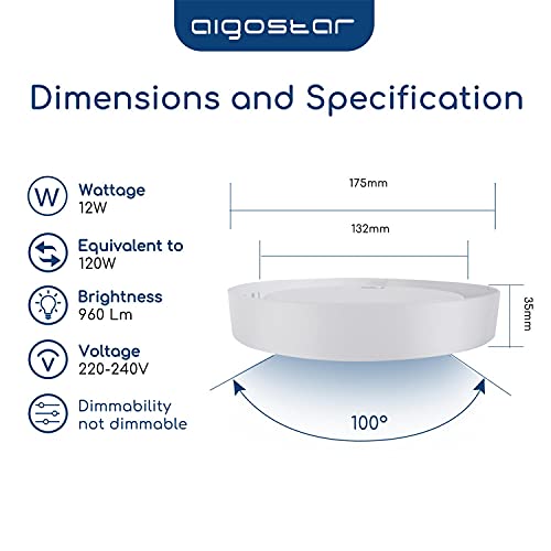 Aigostar Plafón LED Techo 12W 960LM Lámpara de Techo LED luz blanco fria 6500K para Cocina Sala de Estar Dormitorio Pasillo 174 * 35Hmm [Clase de eficiencia energética A+]