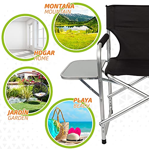 AKTIVE 52888 - Silla director plegable, 57x48x81 cm, Silla camping plegable, mesa abatible, aluminio, 110 Kg de peso máximo, altura del suelo 43,5 cm, Silla de camping, AKTIVE