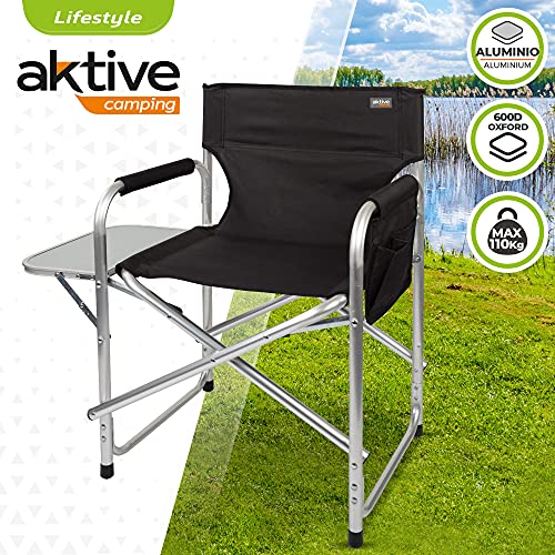 AKTIVE 52888 - Silla director plegable, 57x48x81 cm, Silla camping plegable, mesa abatible, aluminio, 110 Kg de peso máximo, altura del suelo 43,5 cm, Silla de camping, AKTIVE