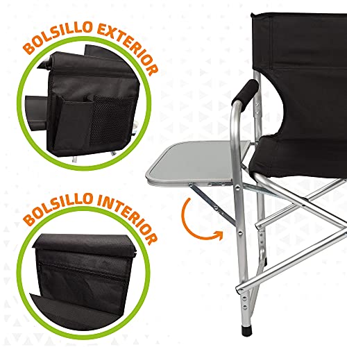 AKTIVE 52888 - Silla director plegable, 57x48x81 cm, Silla camping plegable, mesa abatible, aluminio, 110 Kg de peso máximo, altura del suelo 43,5 cm, Silla de camping, AKTIVE