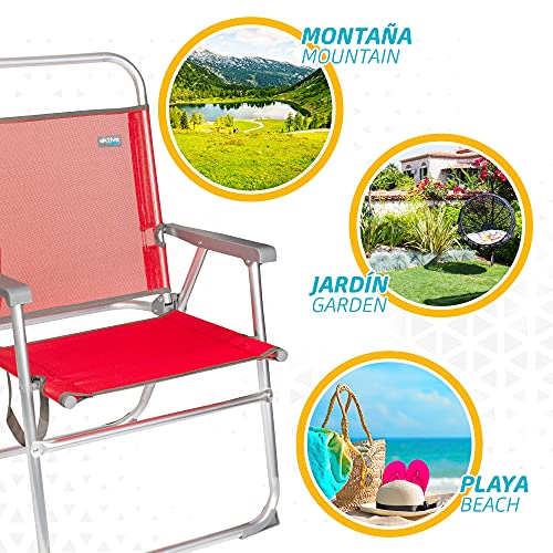 Aktive 53968 - Silla plegable de playa, color rojo, mide 56x50x88 cm, altura del asiento 38 cm, Silla resistente de aluminio, tacos antivuelco, peso máx 100 kg, asa de transporte, Aktive Beach