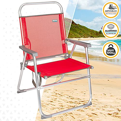 Aktive 53968 - Silla plegable de playa, color rojo, mide 56x50x88 cm, altura del asiento 38 cm, Silla resistente de aluminio, tacos antivuelco, peso máx 100 kg, asa de transporte, Aktive Beach