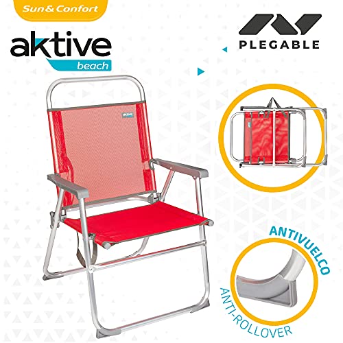 Aktive 53968 - Silla plegable de playa, color rojo, mide 56x50x88 cm, altura del asiento 38 cm, Silla resistente de aluminio, tacos antivuelco, peso máx 100 kg, asa de transporte, Aktive Beach