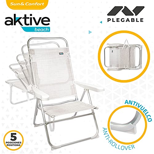 Aktive 53976 - Silla plegable alta con respaldo reclinable, Silla de playa, mide 63x57x99 cm, altura del asiento 33 cm, color beige, Aktive Beach, con asa de transporte