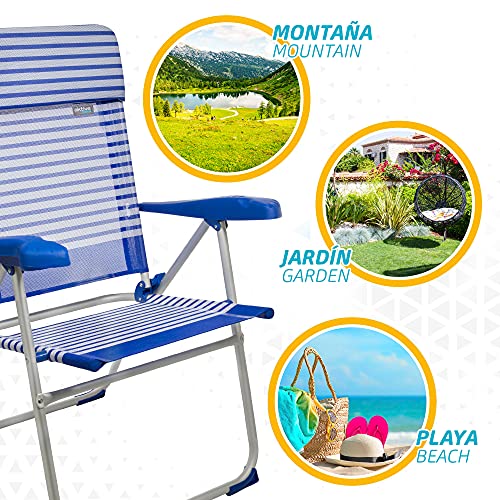 Aktive 53981 - Silla plegable de playa, Silla alta, Silla reclinable, 7 posiciones, 65x62x101 cm, altura del asiento 41,5 cm, cabecero acolchado, color azul y blanco, Aktive Beach