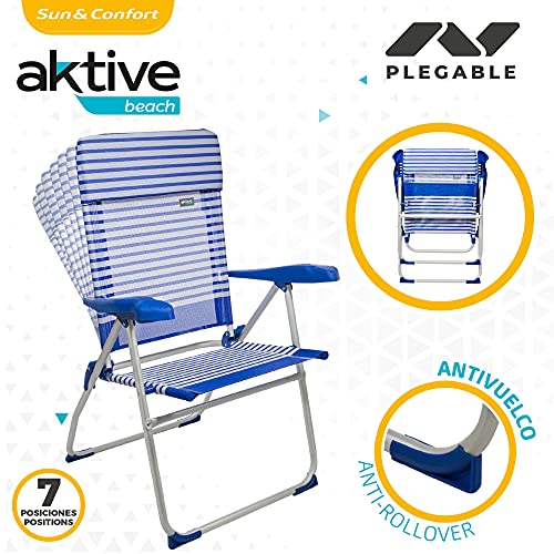 Aktive 53981 - Silla plegable de playa, Silla alta, Silla reclinable, 7 posiciones, 65x62x101 cm, altura del asiento 41,5 cm, cabecero acolchado, color azul y blanco, Aktive Beach