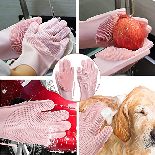 ALCIONO Guantes ajustables para lavar platos, guantes de limpieza de silicona reutilizables con fregador, guantes de goma para cocina, guantes de limpieza para fregar (1 unidad) (rosa)