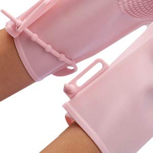 ALCIONO Guantes ajustables para lavar platos, guantes de limpieza de silicona reutilizables con fregador, guantes de goma para cocina, guantes de limpieza para fregar (1 unidad) (rosa)