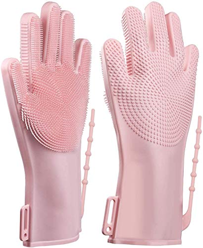 ALCIONO Guantes ajustables para lavar platos, guantes de limpieza de silicona reutilizables con fregador, guantes de goma para cocina, guantes de limpieza para fregar (1 unidad) (rosa)