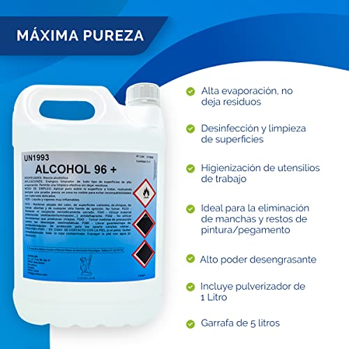 Alcohol 96 - Alcohol etilico - Alcohol 96 5 litros - Alcohol etilico 96 - (Incluye pulverizador de 1 litro gratis)