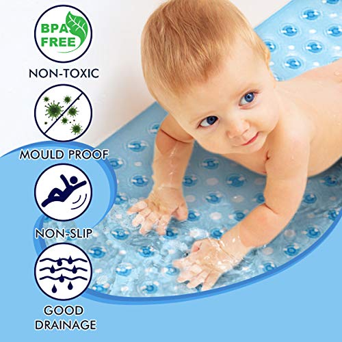 Alfombra de Bañera Antideslizante Alfombrilla de Baño Alfombra para Ducha con Ventosas para Cocina Niños Ancianos, Resistentes al Moho, Antibacterial, Lavable a Máquina, Larga 100 x 40cm (Azul)