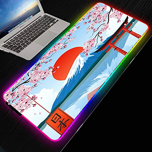 Alfombrillas de ratón Mount Fuji Red Sunrise Gaming RGB Mouse Pad Pink Cherry Blossom Teclado de computadora LED Luminous Extended XXL Mouse Mat 800x300 MM