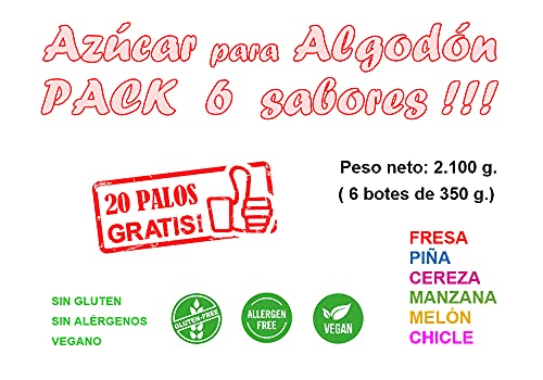 Algodón de Azúcar de categoría máxima. Lote de 6 x 350g.= 2.100g. Incluye 20 Palos de 35 cm