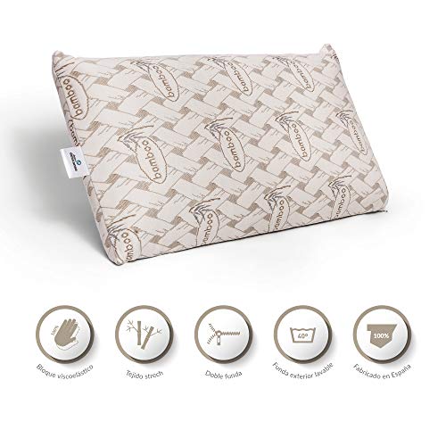 Almohada Bambú Visco Chloe con Doble Funda, 75cm, Transpirable, Antiácaros, Termoregulable, Firmeza Media, Ergonómica, Perfecta Adaptabilidad a Cuello y Cabeza, Tejido Strech. Fabricada en España