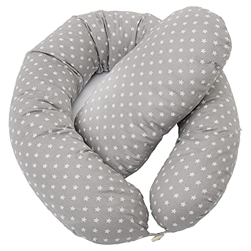 Almohada de Embarazada, Cojín Multifuncional, Nido de Bebé, Almohada Lactancia, Reductor de Cuna. Estampado Estrellas Gris y Blanco