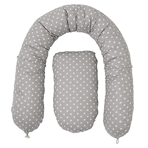 Almohada de Embarazada, Cojín Multifuncional, Nido de Bebé, Almohada Lactancia, Reductor de Cuna. Estampado Estrellas Gris y Blanco