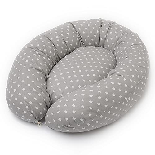 Almohada de Embarazada, Cojín Multifuncional, Nido de Bebé, Almohada Lactancia, Reductor de Cuna. Estampado Estrellas Gris y Blanco