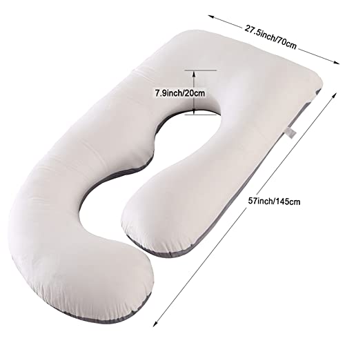 Almohada de Embarazo para Dormir, Almohada de Cuerpo Completo y Maternidad , Forma de J Algodon Almohada, Funda de Almohada reemplazable, Desmontable y Lavable, 70 x 145 cm (Gris + Blanco)