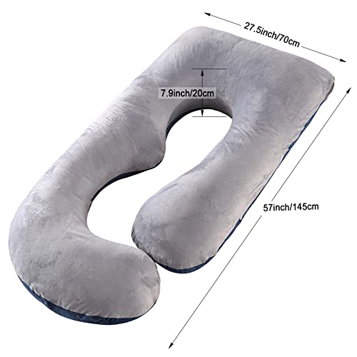 Almohada de Embarazo para Dormir, Almohada de Cuerpo Completo y Maternidad , Forma de J Algodon Almohada, Funda de Almohada reemplazable, Desmontable y Lavable, 70 x 145 cm (Azul + Gris Claro)