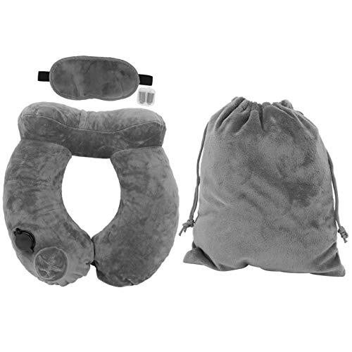 Almohada de Viaje Inflable automática de 4 Piezas, Soporte de Cuello Tipo U de usos múltiples para Viajes de Larga Distancia(Gris)