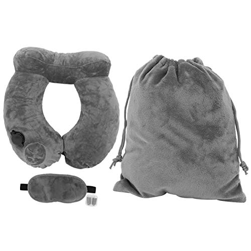 Almohada de Viaje Inflable automática de 4 Piezas, Soporte de Cuello Tipo U de usos múltiples para Viajes de Larga Distancia(Gris)