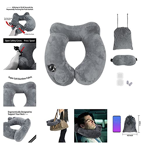 Almohada de Viaje, Soporte de Prensa para el Cuello, Tipo U, de usos múltiples, 4 Piezas, Almohada de Viaje para el Cuello, Inflable para Trenes de Viaje de Larga Distancia(Gray)