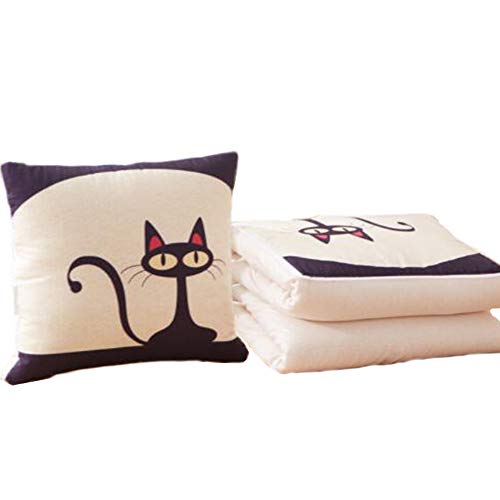 Almohada Hipoalergénica y Edredón 2 en 1 Portátil, Auto-Conducción al Aire Libre Niños Reposo Aire Acondicionado Cobertor de Cama TV Manta de Dormir Bolsa de Dormir Almohada (Cat at Night)