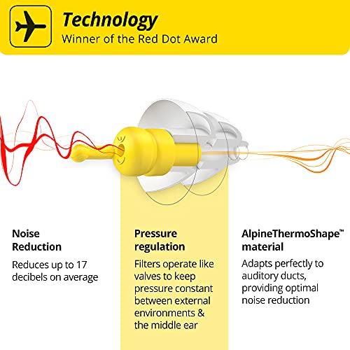 Alpine FlyFit Tapones para los oídos para avión - Regulan la presión del aire para prevenir el dolor de tímpano - Filtros suaves diseñados para viajar - Hipoalergénico cómodo - Tapones reutilizables