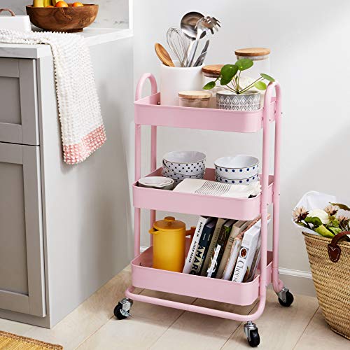 Amazon Basics - Carrito de cocina o multiuso de tres niveles con ruedas en rosa apagado