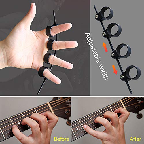 Amplificador de dedos para principiantes de guitarra con 5 piezas Protectores de la Guitarra del Dedo de Silicona con 5 piezas Púas de Guitarra, Multifuncional de dedo expansor portátil (Negro)