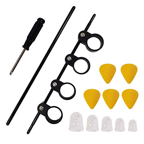 Amplificador de dedos para principiantes de guitarra con 5 piezas Protectores de la Guitarra del Dedo de Silicona con 5 piezas Púas de Guitarra, Multifuncional de dedo expansor portátil (Negro)