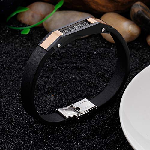 ANAZOZ Pulseras de Cadena para Hombres,Pulsera Hombre Acero Inoxidable Cuero con Geométrico Brazaletes Negro