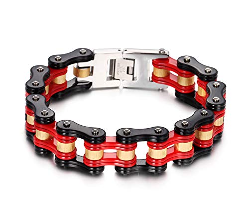 ANAZOZ Pulseras para Hombres,Pulsera Hombre Acero Inoxidable y Cuero Cadena de Bicicleta Brazalete Rojo