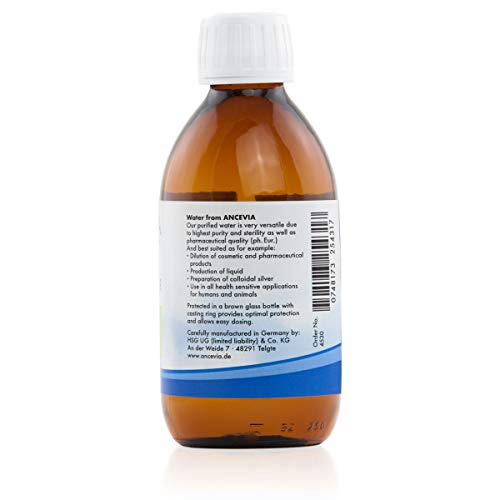 Ancevia® - Agua farmacéutica de 250 ml, certificado Ph. Eur., para líquidos de vapeadores, cosméticos, diluyentes, estéril y de alta pureza, Aqua purificata, fabricada en Alemania