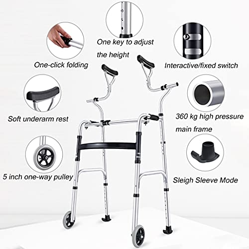 Andaderas Andador Plegable Andador de 4 Ruedas con asa giratoria Asiento Plegable Dispositivo de Asistencia para Las Axilas Andador de Aluminio Ajustable en Altura para discapacitados