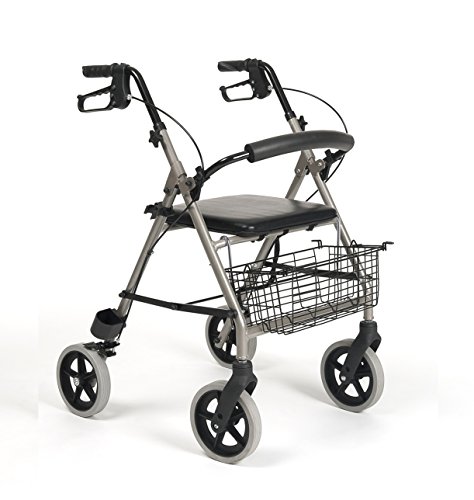 ANDADOR ALUMINIO ROLLATOR CUATRO RUEDAS, ASIENTO, RESPALDO, FRENOS Y RECEPTÁCULO-SOPORTE PARA BASTÓN.