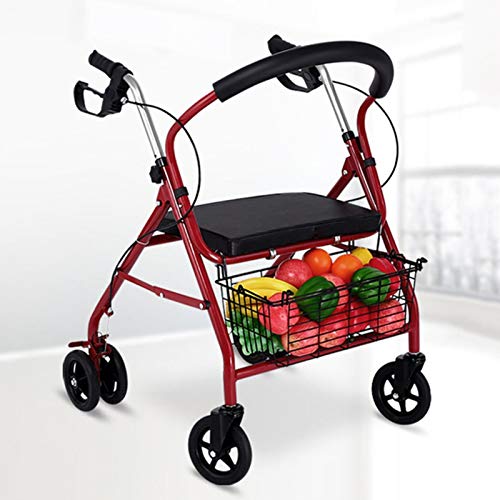 Andador Ancianos, Mayor Silla De Ruedas Aleación de Aluminio Puede Sentarse Carretilla Carrito De Compras Altura Ajustable con Bolsa de Almacenamiento Puede Frenar y Aparcar ALGFree (Color : Red-b)