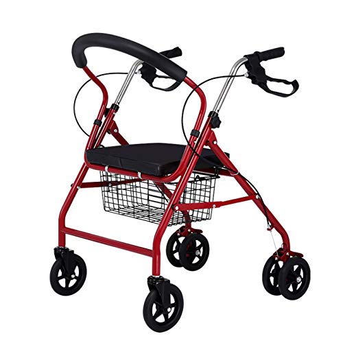 Andador Ancianos, Mayor Silla De Ruedas Aleación de Aluminio Puede Sentarse Carretilla Carrito De Compras Altura Ajustable con Bolsa de Almacenamiento Puede Frenar y Aparcar ALGFree (Color : Red-b)