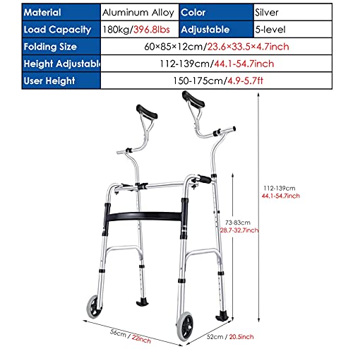 Andador Andadores para Ancianos Andadores Verticales para Personas Mayores/ Personas Altas, Andador con Ruedas Plegable con Soporte para Apoyabrazos y Ruedas, Ayuda de Movilidad de Aluminio para Cami