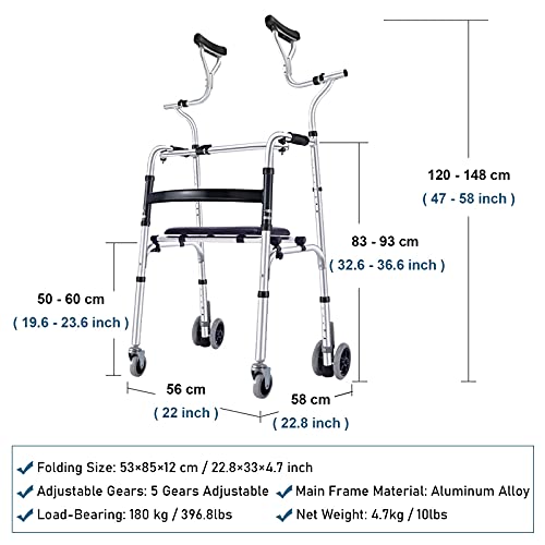 Andador para Ancianos Personas Mayores Caminante Vertical Con Almohadilla De Soporte Axilar, Andador De 4 Ruedas Plegable Altura Ajustable Aluminio Ayudas De Movilidad, Altas ( Color : Without seat )