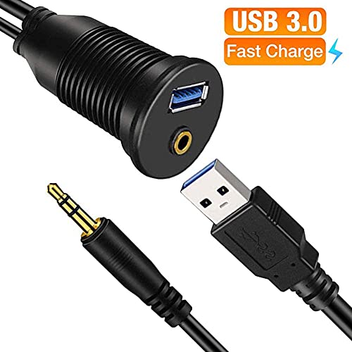 Andifany Cable USB para Montaje en AutomóVil de 3,5 Mm + USB3.0 AUX Cable de Montaje Impermeable para Panel de Tablero de ExtensióN para AutomóVil, Barco y Motocicleta - 3 Pies