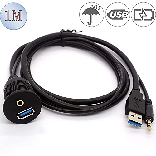 Andifany Cable USB para Montaje en AutomóVil de 3,5 Mm + USB3.0 AUX Cable de Montaje Impermeable para Panel de Tablero de ExtensióN para AutomóVil, Barco y Motocicleta - 3 Pies