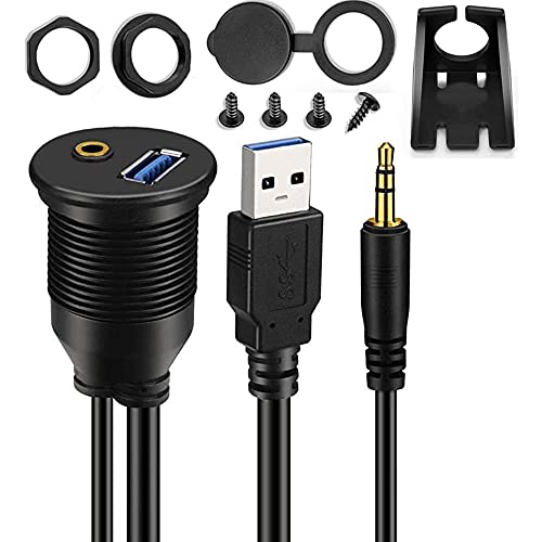 Andifany Cable USB para Montaje en AutomóVil de 3,5 Mm + USB3.0 AUX Cable de Montaje Impermeable para Panel de Tablero de ExtensióN para AutomóVil, Barco y Motocicleta - 3 Pies