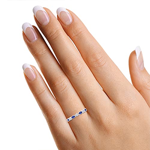 Anillo de boda de diamante natural blanco de corte redondo de 1/6 quilates con zafiro azul marquesa en oro de 18 quilates sobre plata esterlina (0,18 quilates, claridad I2), Diamond Sapphire,